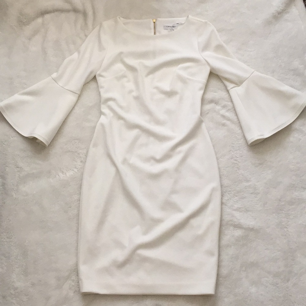 white calvin klein bell sleeved dress
